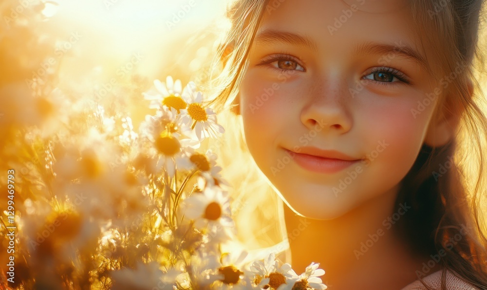 Fototapeta premium Close-up portrait of a young girl holding a bouquet of fresh flowers, soft golden light illuminating her cheerful expression, clean and vibrant, sharp and natural