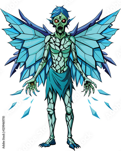 A grotesque zombie, decaying flesh exposed, possesses wings crafted from shards of vibrant stained glass, casting eerie shadows.