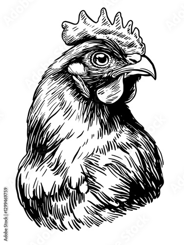 Detailed illustration of a rooster highlighting its features with intricate lines and shading
