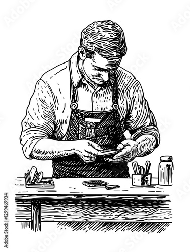 Skilled artisan crafts custom tools in a workshop, surrounded by utensils and materials