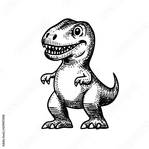 Fun and playful dinosaur character with a big smile standing confidently in a cartoonish style