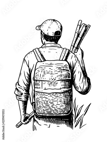 Man carrying bamboo poles on his back while walking through a field during daylight hours