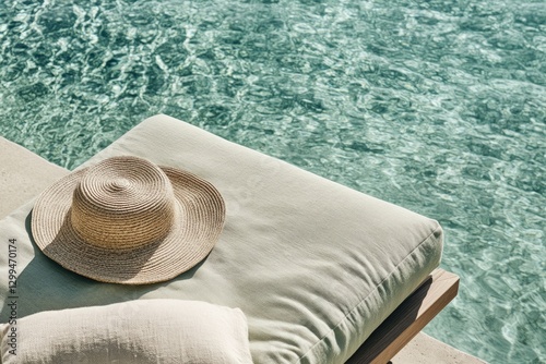 A straw hat rests on a light green cushioned lounge chair by a turquoise pool, idyllic summer scene.