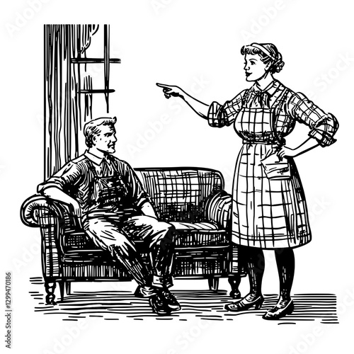 Discussion between a woman and man in vintage attire at home during the early 20th century
