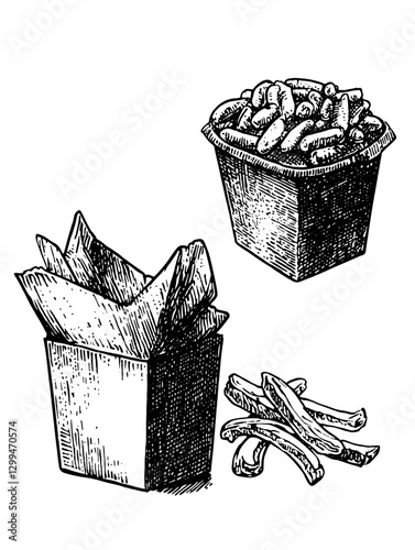 Delicious assortment of takeout food featuring fries and peanuts in a cozy kitchen setting