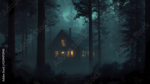 A dark, atmospheric scene featuring a secluded cabin surrounded by tall trees, illuminated by soft lights in an eerie, misty environment. Silence - Desert. Illustration