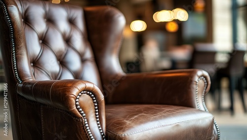 Luxurious Brown Leather Wingback Chair in a Modern Cafe Setting
