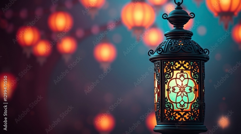 Obraz premium Elegant Lantern with Warm Glow Among Festive Lights