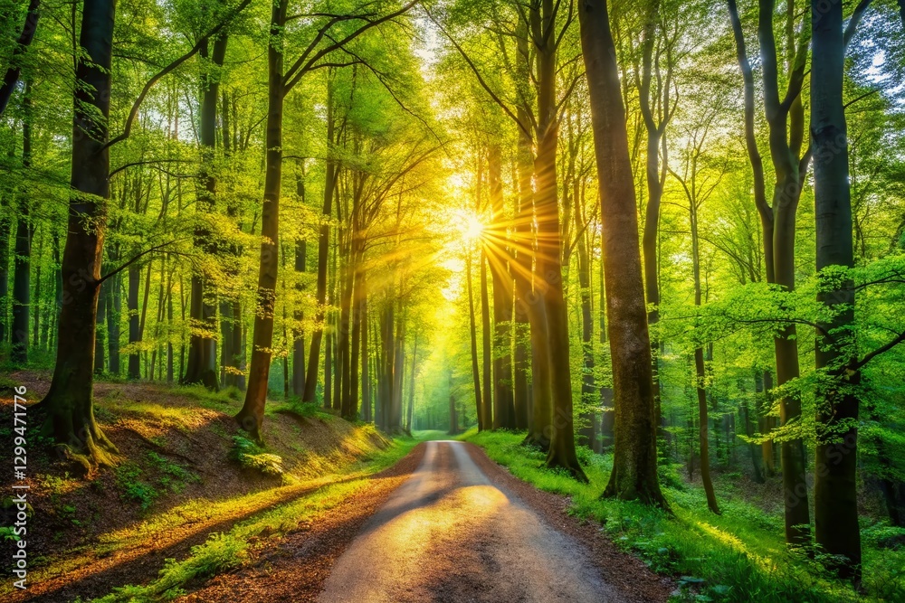 Obraz premium Cool Spring Day Forest: Lush Green Trees, Sunlight Dappled Path