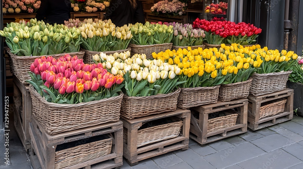 Fototapeta premium Colorful tulips displayed beautifully in woven baskets at a shop