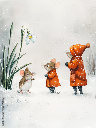 A snowdrop flower in the snow,  an adorable little mole with two cute mice, watercolor illustration