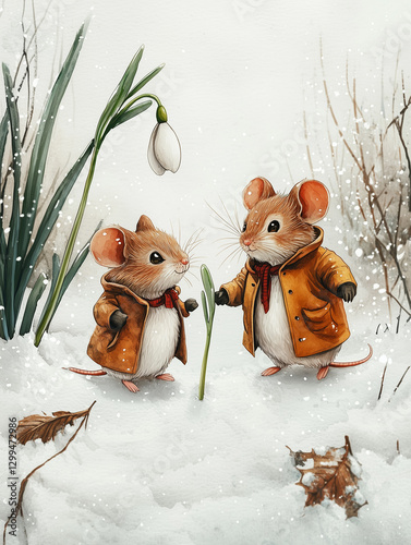 A snowdrop flower in the snow,  two cute mice, watercolor illustration