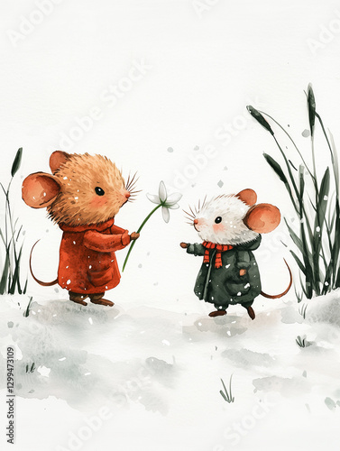 A snowdrop flower in the snow,  two cute mice, watercolor illustration