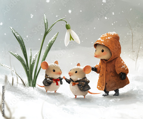 A snowdrop flower in the snow,  an adorable little mole with two cute mice, watercolor illustration