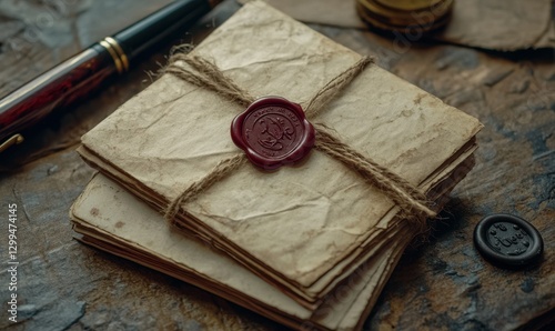 Set of vintage postcards tied with twine, resting on a textured surface next to an old fountain pen and a wax seal stamp.