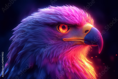 A majestic eagle with vibrant feathers glowing in neon hues, embodying a futuristic vision filled with intricate geometric designs while it commands the digital skies