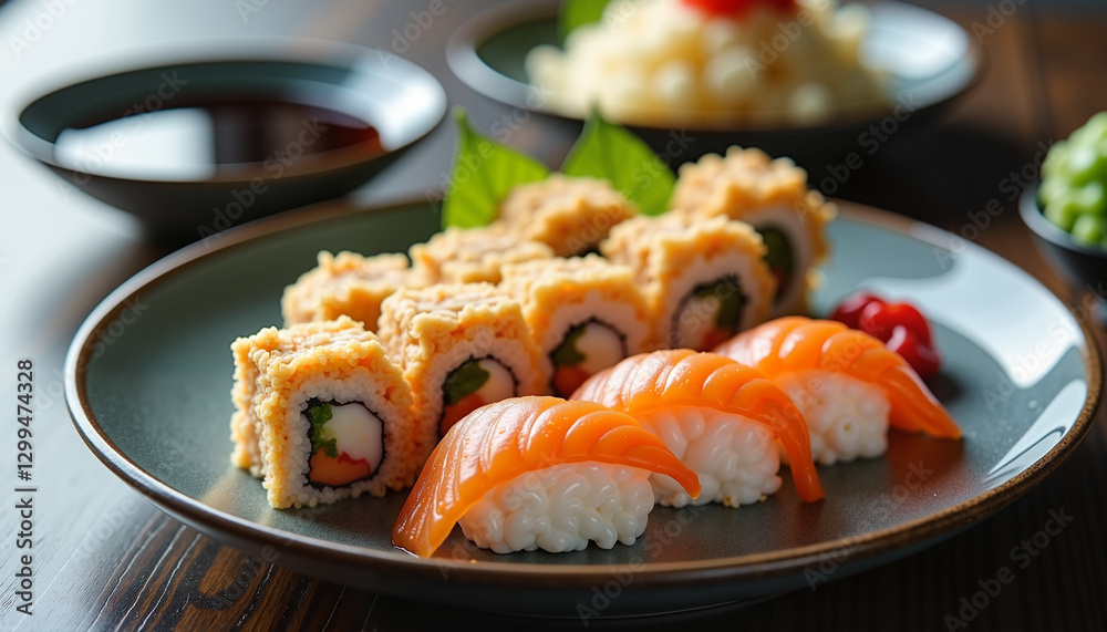 Delicious sushi assortment with fried rolls and fresh salmon on elegant plate Delicious sushi assortment with fried rolls and fresh salmon on elegant plate