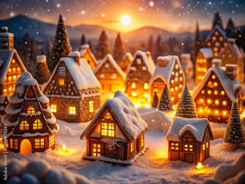 Cozy Gingerbread Village Double Exposure: Snowy Holiday Lights Cozy Gingerbread Village Double Exposure: Snowy Holiday Lights