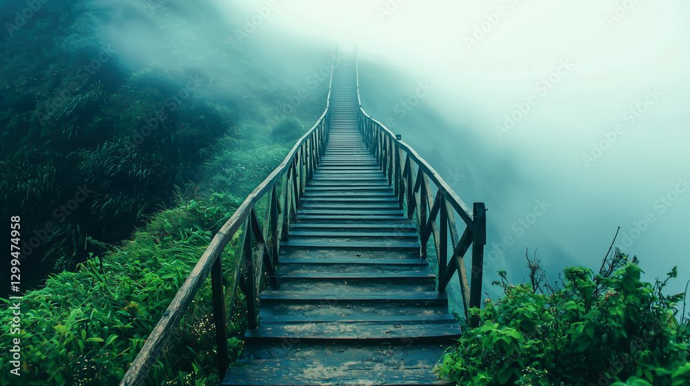 Obraz premium A wooden staircase leads up into the dense, misty forest. The steps appear to rise into the clouds, a stairway to heaven.