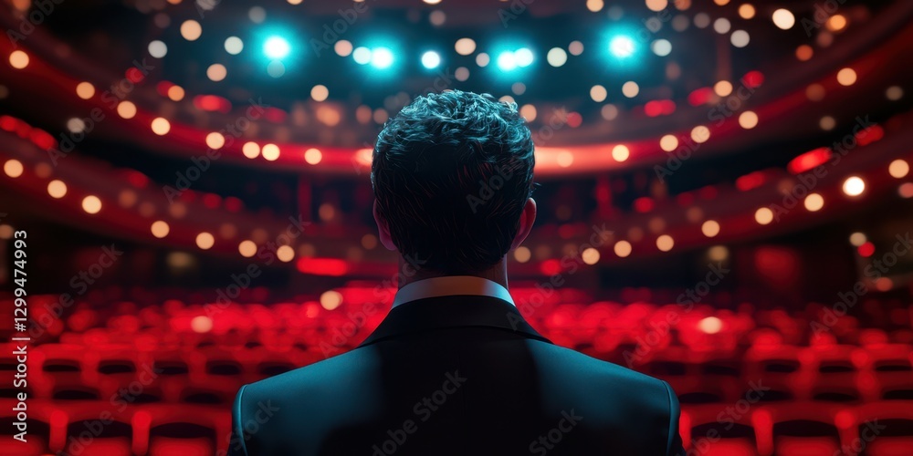 Dramatic moment before a performance in a grand theater filled with red seats and bright stage lights at night Dramatic moment before a performance in a grand theater filled with red seats and bright stage lights at night