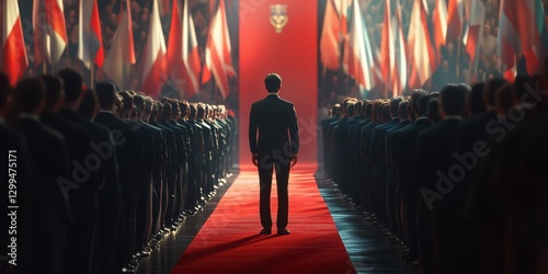 Political gathering with an influential figure standing before a crowd and flags in an indoor setting