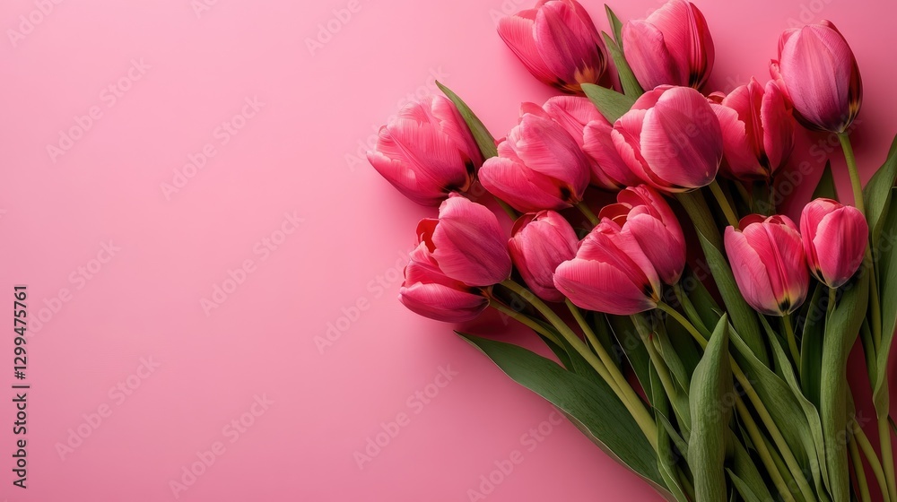 A stunning floral bouquet with tulips in various shades of pink, arranged elegantly on a pink background. A stunning floral bouquet with tulips in various shades of pink, arranged elegantly on a pink background.