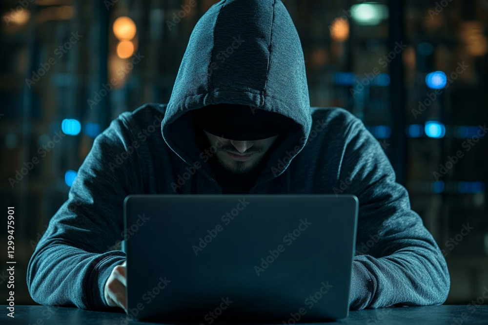 A hooded hacker works on a laptop, trying to hack into a company's secure network A hooded hacker works on a laptop, trying to hack into a company's secure network