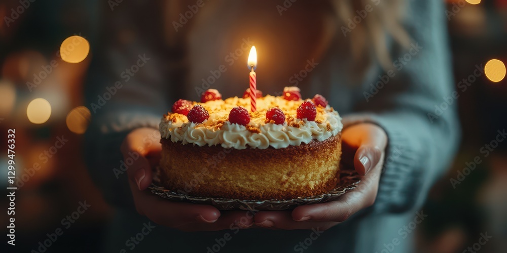 Fototapeta premium Celebration of a special occasion with a cake adorned with raspberries and a candle held by a person indoors