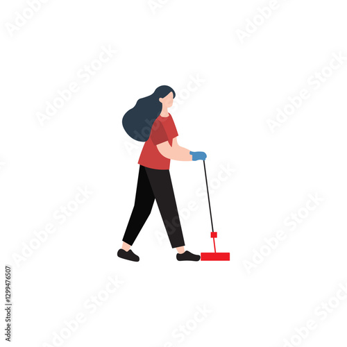 Woman Sweeping with a Push Broom