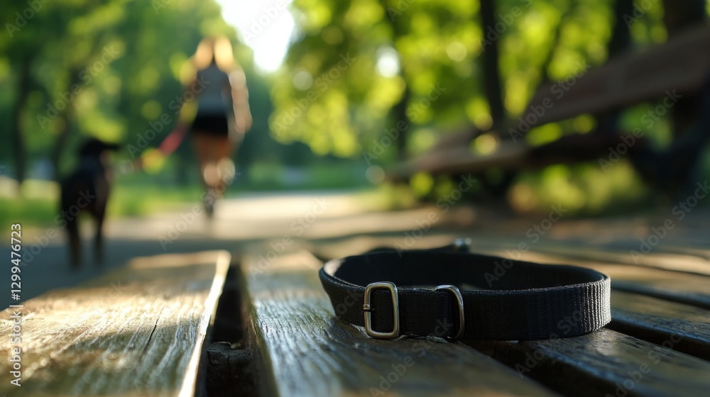 Dog collar left on park bench, woman and dog walking away