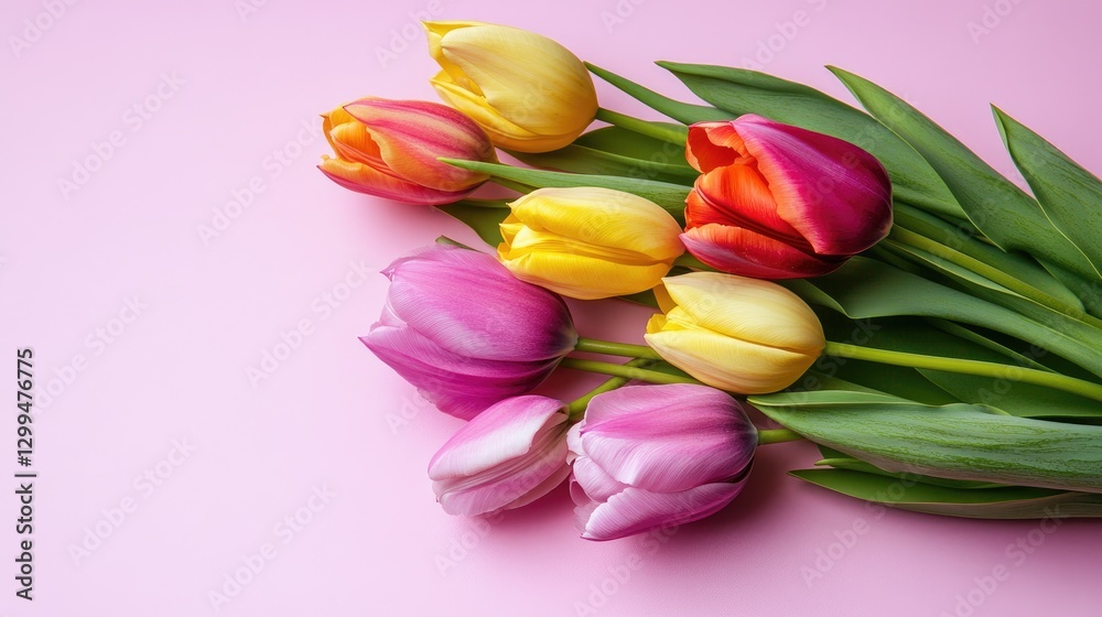 Bright and colorful tulips in full bloom, carefully bundled together on a pastel pink background, symbolizing elegance and freshness. Bright and colorful tulips in full bloom, carefully bundled together on a pastel pink background, symbolizing elegance and freshness.