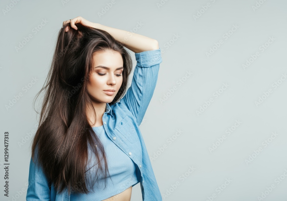 Young woman with long hair stylish pose gray background Young woman with long hair stylish pose gray background