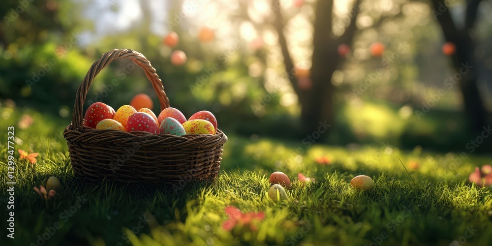 Colorful Easter eggs in a wicker basket resting on the grass during a sunny spring afternoon in a peaceful park setting Colorful Easter eggs in a wicker basket resting on the grass during a sunny spring afternoon in a peaceful park setting