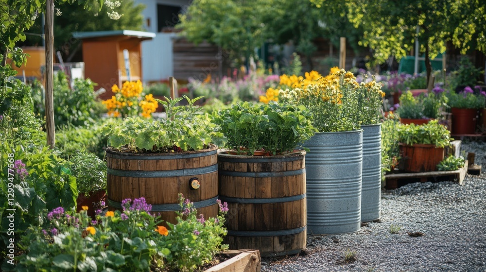 Obraz premium Plants in garden. Flowers bloom in outdoor farm. Vegetables growing in containers. Green leaves in sunlight. Colorful flowers in garden. Gardening in springtime.