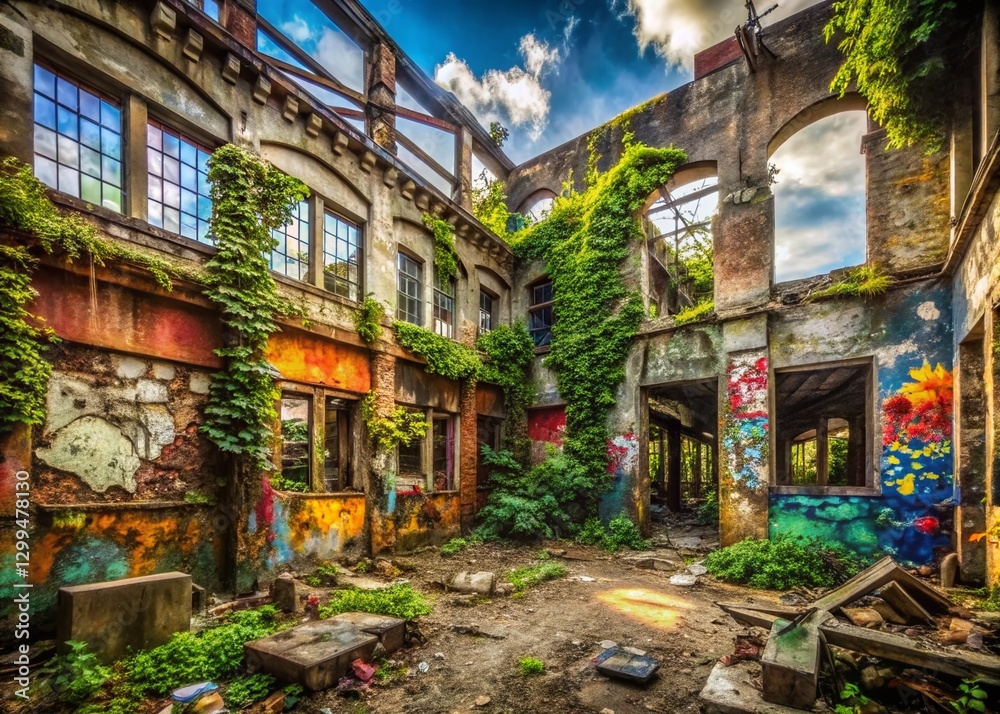 Naklejka premium Crumbling Facade: Architectural Scars of Urban Violence