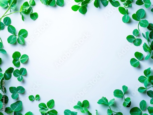 Green clover leaves are arranged along the edges of the image, forming a frame around a bright empty space in the center. The leaves have the characteristic shape of three petals.