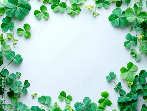 Green clover leaves are arranged along the edges of the image, forming a frame around a bright empty space in the center. The leaves have the characteristic shape of three petals.