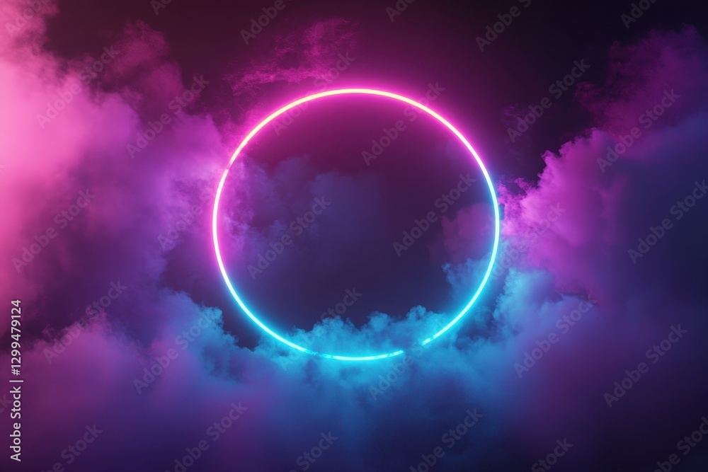 A luminous neon circle rests among dark fluffy purple clouds A luminous neon circle rests among dark fluffy purple clouds