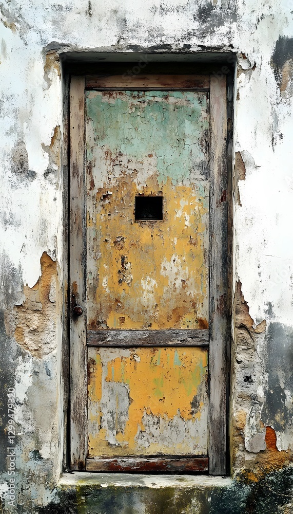 A weathered wooden door with peeling paint and crumbling walls A weathered wooden door with peeling paint and crumbling walls