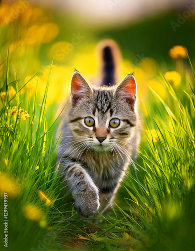 Chaton en train de courir dans l'herbe au printemps photo