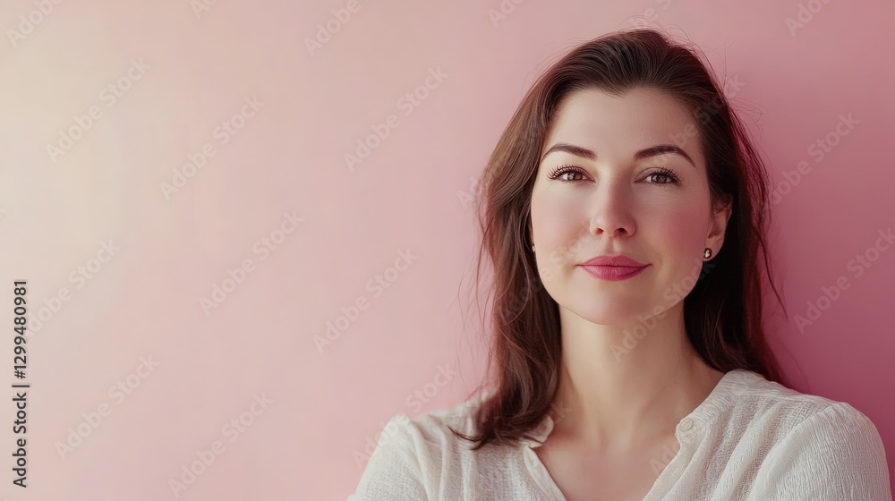 Confident Woman with Natural Beauty Posing Against a Soft Pink Background Confident Woman with Natural Beauty Posing Against a Soft Pink Background