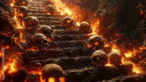 Stairway to the depths: Skulls ascend steps engulfed in fiery light, an evocative image of the underworld's stark passage.