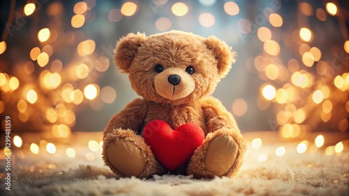 Cute Teddy Bear with Red Heart Bokeh Background - Adorable Plush Toy Stock Photo