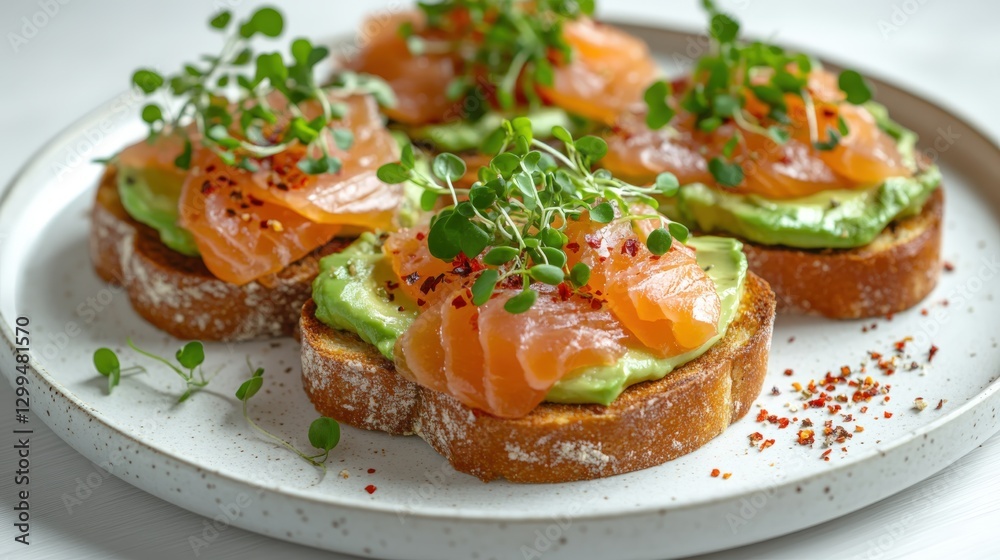 Delicate smoked salmon and avocado toast garnished with fresh microgreens Delicate smoked salmon and avocado toast garnished with fresh microgreens