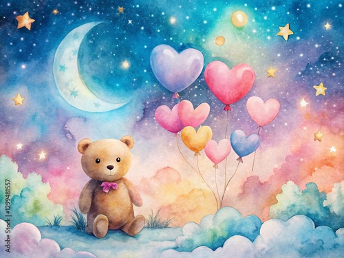 Cute Watercolor Bear with Heart Balloons - Valentine's Day Night Photography