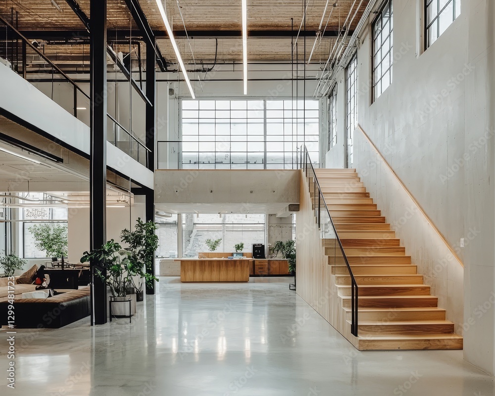 Obraz premium Elegant modern loft interior with open-space design, bright lighting, clean lines, neutral color palette, and minimalist details