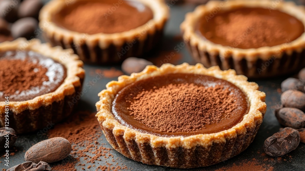 Delicious chocolate tartlets topped with cocoa. Sweet dessert for bakery menu Delicious chocolate tartlets topped with cocoa. Sweet dessert for bakery menu