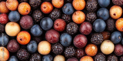 Detailed macro shot of various dried and shriveled berries in different colors, textures, and stages of dehydration.