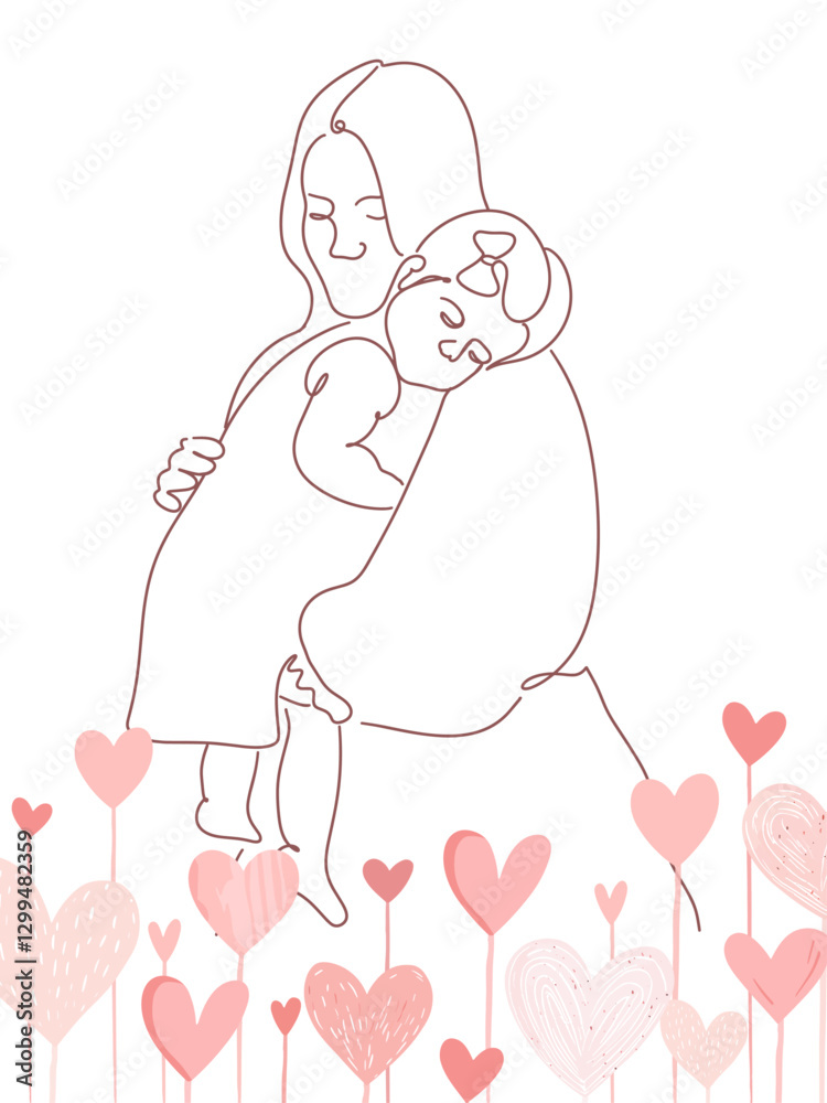 Line art illustration of mother and kid, Happy mother's day vector illustration. mom and daughter. Cute heart flowers. Line art illustration of mother and kid, Happy mother's day vector illustration. mom and daughter. Cute heart flowers.