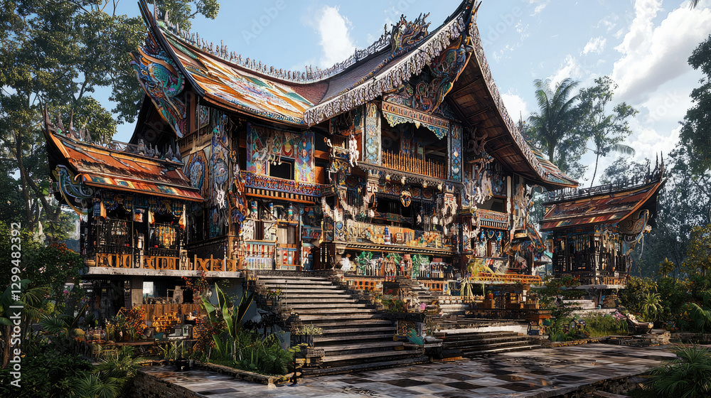 Fototapeta premium A vibrant, intricately designed traditional house surrounded by lush greenery and sunlight